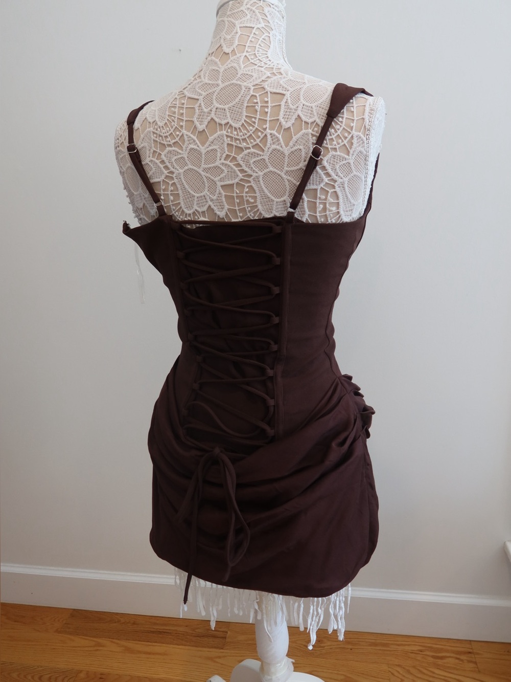 Chocolate Brown Ruched Mini Dress with Square Neck - Picture 4 of 5